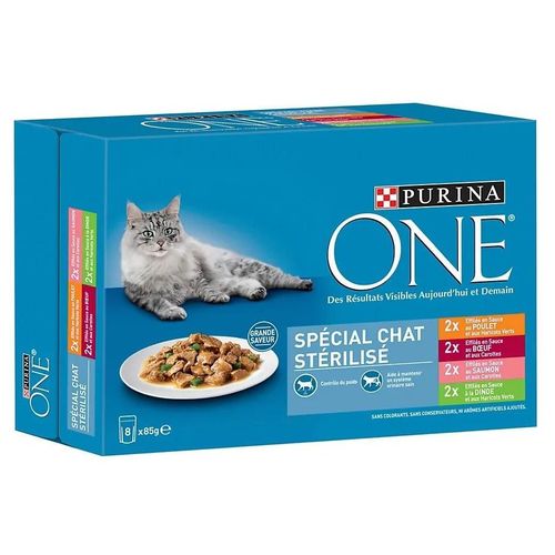Aliment Pour Chat Stérilisé One Spécial Chat Stérilisé Effilés En Sauce :B?uf Poulet Saumon Dinde 8 X 85g