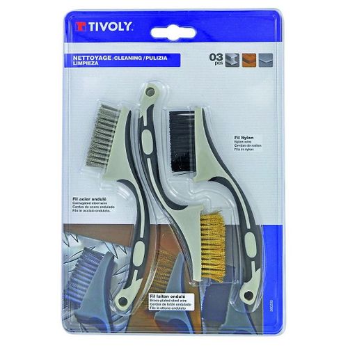 3 mini-brosses à main Tivolys : fil acier, fil laiton, fil nylon