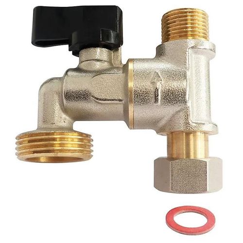 Robinet de piquage pour machine à laver - Entrée écrou tournant et sortie mâle 12/17 (3/8") - Repiquage mâle 20/27 (3/4")