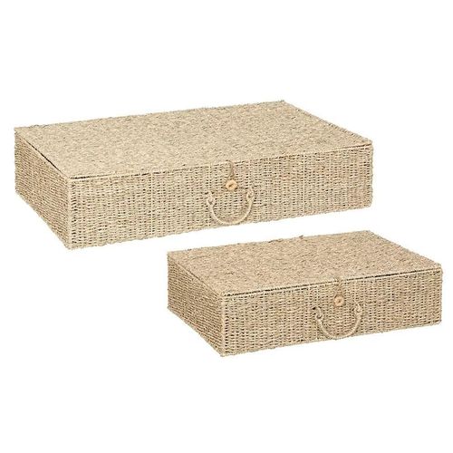 Lot de 2 paniers rectangulaires avec couvercle fermable et poignée Atmosphera Cora beige