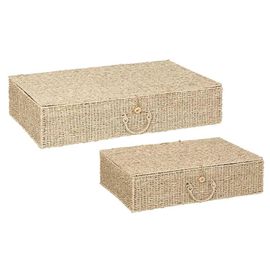 Lot de 2 paniers rectangulaires avec couvercle fermable et poignée Atmosphera Cora beige