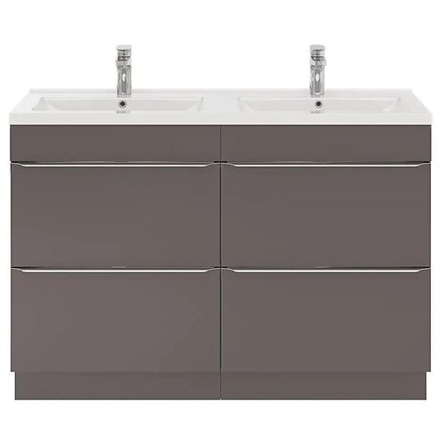 Ensemble Salle De Bains L.120 Cm Meuble À Poser Imandra Gris Taupe Brillant + Plan Double Vasque Céramique Blanc