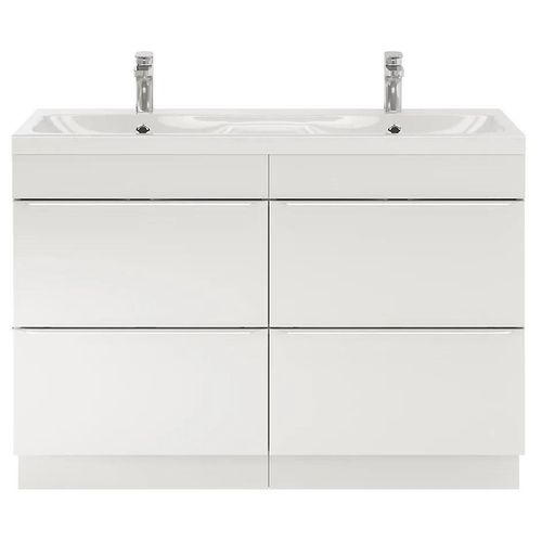 Ensemble Salle De Bains L.120 Cm Meuble À Poser Imandra Blanc Brillant + Plan Double Vasque Résine Blanc