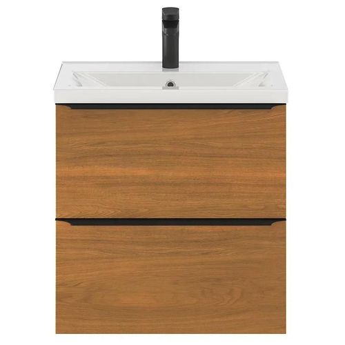 Ensemble Salle De Bains L.60 Cm Meuble À Suspendre Faible Profondeur Imandra Décor Noyer + Plan Vasque Céramique Blanc