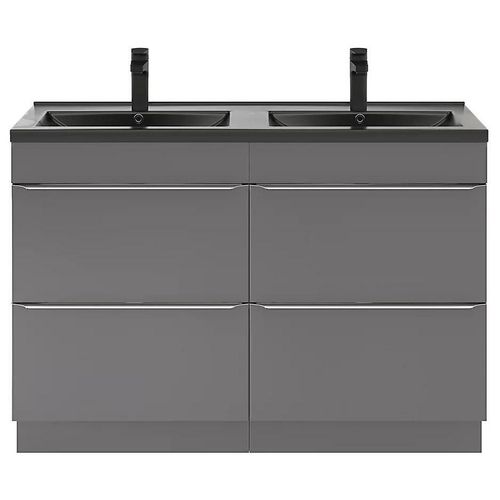 Ensemble Salle De Bains L.120 Cm Meuble À Poser Imandra Gris Brillant + Plan Double Vasque Céramique Noir