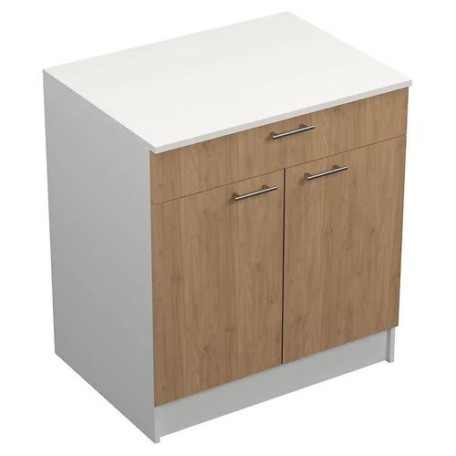 Meuble Bas De Cuisine 2 Portes Et 1 Tiroir Avec Plan De Travail Primalight Décor Chêne L. 80 Cm X H. 87,9 Cm