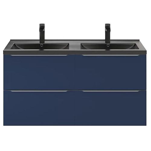 Ensemble Salle De Bains L.120 Cm Meuble À Suspendre Imandra Bleu Nuit Mat + Plan Double Vasque Céramique Noir
