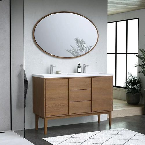 Ensemble Meuble Sous Vasque Placage Bois Kabayan + Plan Double Vasque Céramique Blanc Nira L.120 Cm