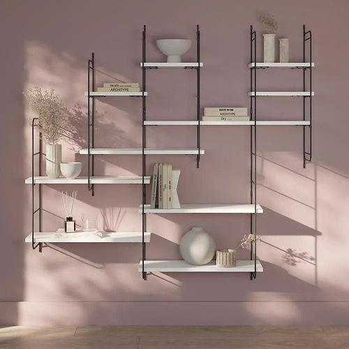 Étagère Murale Modulable 10 Tablettes Et 6 Échelles Blanc Goodhome Rigga H. 129 X L. 150 X P. 19 Cm