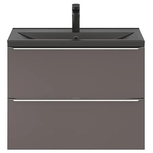 Ensemble Salle De Bains L.80 Cm Meuble À Suspendre Faible Profondeur Imandra Gris Taupe Brillant + Plan Vasque Céramique Noir