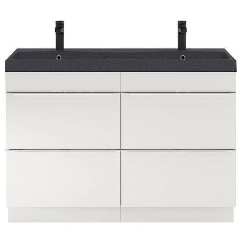 Ensemble Salle De Bains L.120 Cm Meuble À Poser Imandra Blanc Brillant + Plan Double Vasque Résine Noir