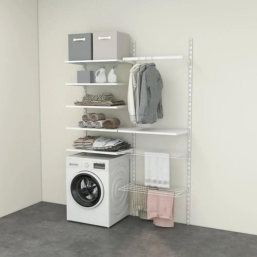 Rangement Buanderie 2 Colonnes Avec Penderie Et 2 Étendoirs H. 200 X L. 132 X P. 40 Cm