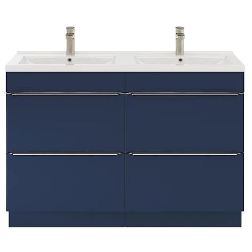 Ensemble Salle De Bains L.120 Cm Meuble À Poser Imandra Bleu Nuit Mat + Plan Double Vasque Céramique Blanc