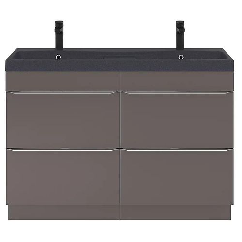 Ensemble Salle De Bains L.120 Cm Meuble À Poser Imandra Gris Taupe Brillant + Plan Double Vasque Résine Noir