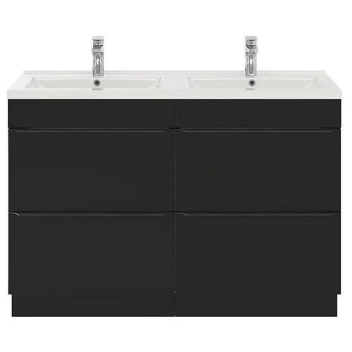 Ensemble Salle De Bains L.120 Cm Meuble À Poser Imandra Noir Mat + Plan Double Double Vasque Céramique Blanc