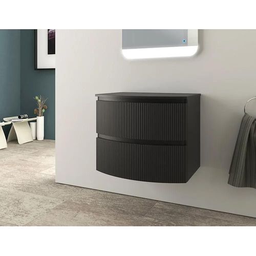 Ensemble Sous Vasque + Plan De Toilette L.70 Cm, Noir Mat Strié, Vague