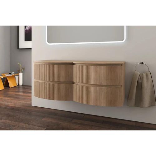 Ensemble Sous Vasque + Plan De Toilette Double L.138 Cm, Effet Bois Strié, Vague
