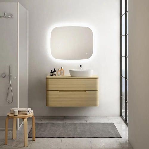 Ensemble De Salle De Bains L.104 Cm Meuble Sous Vasque Version Droite + Plan De Toilette Décor Chêne Clair, Alba