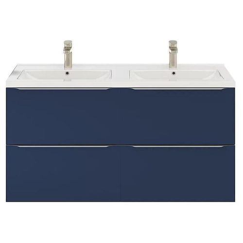 Ensemble Salle De Bains L.120 Cm Meuble À Suspendre Imandra Bleu Nuit Mat + Plan Double Vasque Céramique Blanc