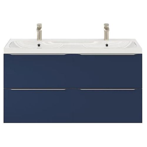 Ensemble Salle De Bains L.120 Cm Meuble À Suspendre Imandra Bleu Nuit Mat + Plan Double Vasque Résine Blanc