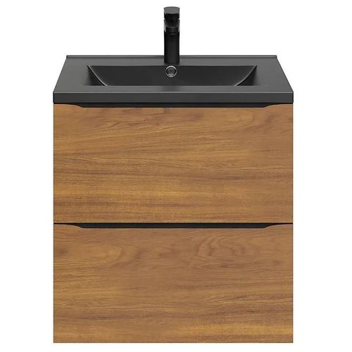 Ensemble Salle De Bains L.60 Cm Meuble À Suspendre Imandra Décor Noyer + Plan Vasque Céramique Noir