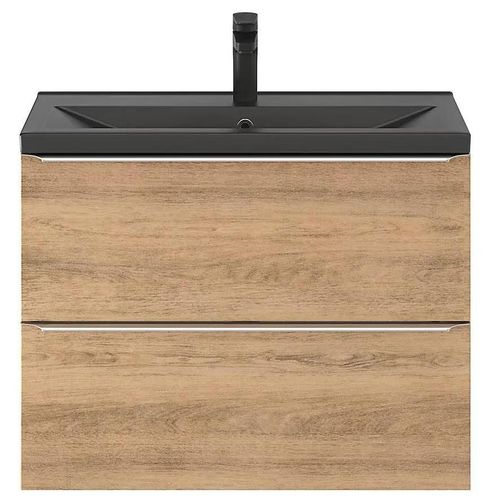 Ensemble Salle De Bains L.80 Cm Meuble À Suspendre Faible Profondeur Imandra Décor Chêne + Plan Vasque Céramique Noir