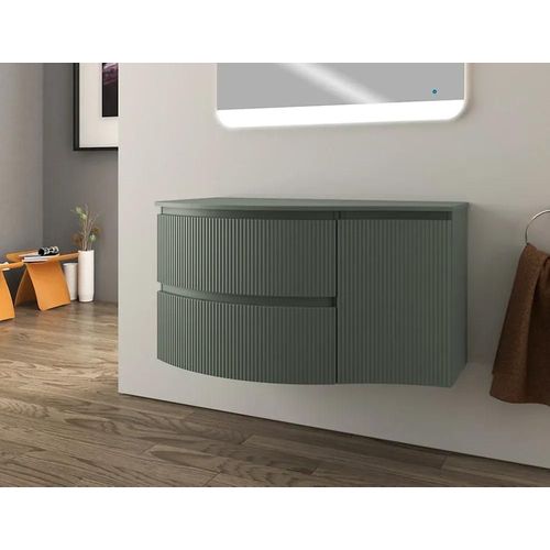 Ensemble Sous Vasque + Plan De Toilette Pour Vasque À Poser À Gauche L.104 Cm, Vert Mat Strié, Vague