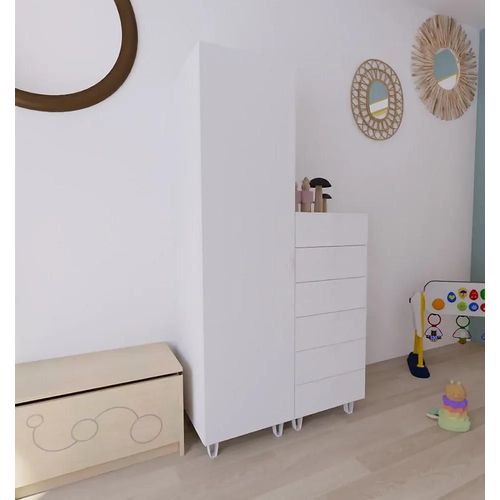 Armoire Et Commode Blanches Sur Pieds 6 Tiroirs Chambre Enfant Goodhome Atomia H. 198,5 X L. 100 X P. 58 Cm