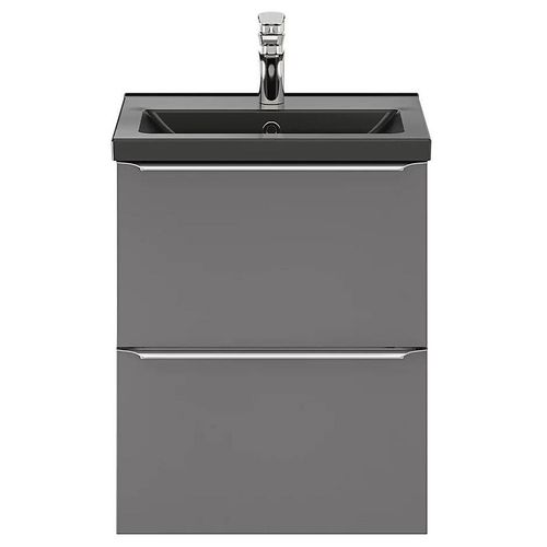 Ensemble Salle De Bains L.50 Cm Meuble À Suspendre Faible Profondeur Imandra Gris Brillant + Plan Vasque Céramique Noir