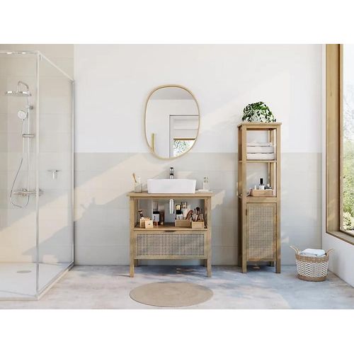 Meuble Sous Vasque À Poser Avec Plan De Toilette L.84xh.80xp.52,5 Cm, 1 Tiroir, Placage Chêne Et Cannage, Thiam