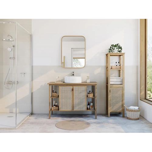 Meuble Sous Vasque À Poser Avec Plan De Toilette L.114xh.80xp.50 Cm, 2 Portes, Placage Chêne Et Cannage, Thiam