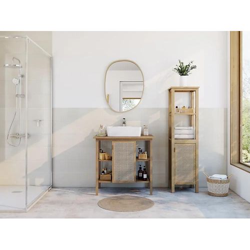 Meuble Sous Vasque À Poser Avec Plan De Toilette L.84xh.80xp.50 Cm, 1 Porte, Placage Chêne Et Cannage, Thiam