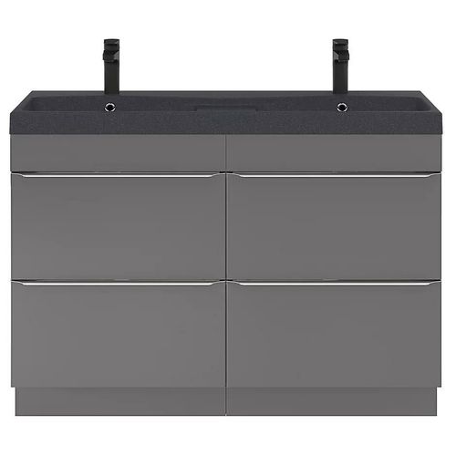 Ensemble Salle De Bains L.120 Cm Meuble À Poser Imandra Gris Brillant + Plan Double Vasque Résine Noir