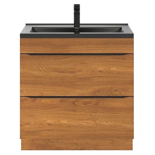 Ensemble Salle De Bains L.80 Cm Meuble À Poser Imandra Décor Noyer + Plan Vasque Céramique Noir