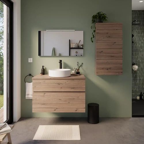 Meuble Sous-Vasque À Suspendre Calao Aspect Chêne Artisan 90 Cm + Plan De Toilette