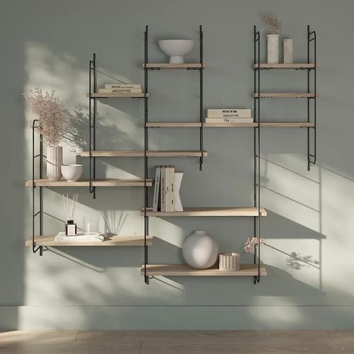 Étagère Murale Modulable 10 Tablettes Et 6 Échelles Effet Chêne Goodhome Rigga H. 129 X L. 150 X P. 19 Cm