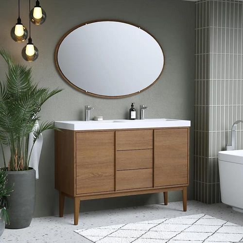 Ensemble Meuble Sous Vasque Placage Bois Kabayan + Plan Double Vasque Résine Blanc Mila L.120 Cm