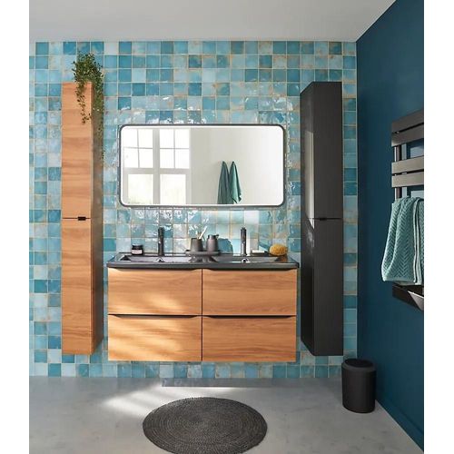 Ensemble Salle De Bains L.120 Cm Meuble À Suspendre Imandra Décor Noyer + Plan Double Vasque Céramique Noir