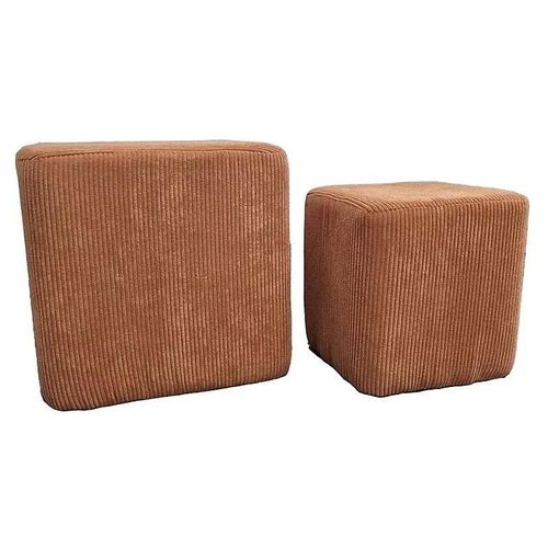 Lot 2 Poufs Vintage Velours Marron Camel L.36 X H.35 Cm + L.26 Cm X H.27 Cm