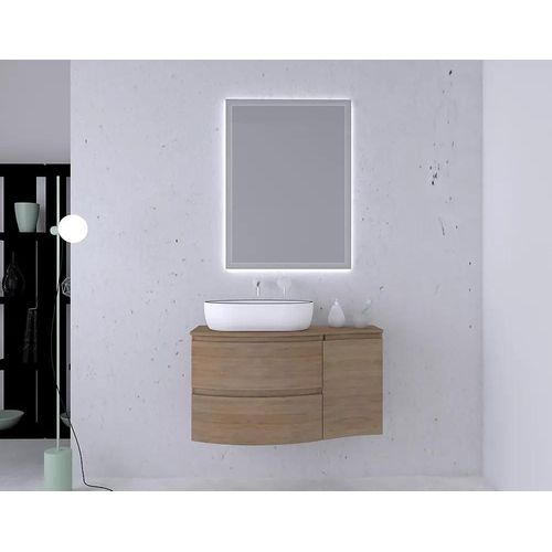 Ensemble Vague L.104 Cm Meuble Sous Vasque À Suspendre Décor Bois + Plan De Toilette + Complément Droit