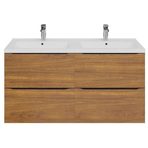 Ensemble Salle De Bains L.120 Cm Meuble À Suspendre Imandra Décor Noyer + Plan Double Vasque Céramique Blanc