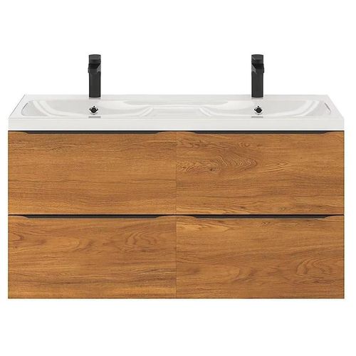 Ensemble Salle De Bains L.120 Cm Meuble À Suspendre Imandra Décor Noyer + Plan Double Vasque Résine Blanc