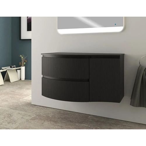 Ensemble Sous Vasque + Plan De Toilette Pour Vasque À Poser À Gauche L.104 Cm, Noir Mat Strié, Vague