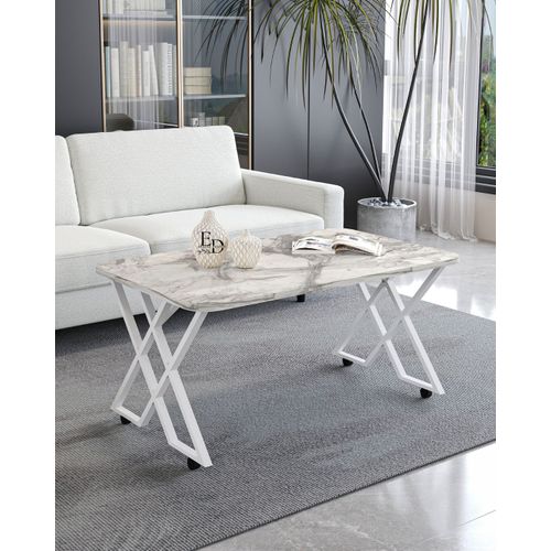 Table Basse Milano - Plateau Effet Marbre Blanc - Pieds Croises Metal Blanc - Design Scandinave Et Lumineux