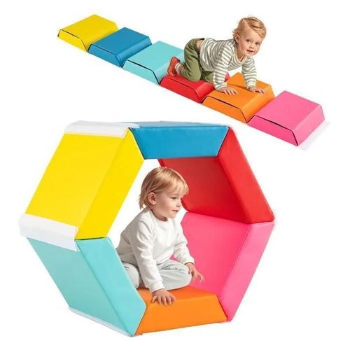Module Motricité Bébé Costway-En Mousse-Housse En Pu-Attaches Auto-Agrippantes-Fosse À Balles Hexagonale Pour Ramper Grimper-1 Ans+