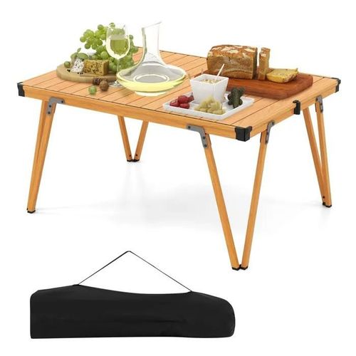 Costway Table Pliante De Jardin Avec Sac De Rangement, Plateau Etanche Et Enroulable, Structure En Aluminium, Charge 80 Kg, Naturel