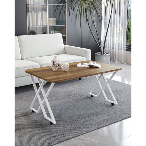 Table Basse Milano - Plateau Bois Fonce - Pieds Croises En Metal Noir - Design Contemporain Elegant