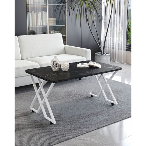 Table Basse Milano - Plateau Effet Marbre Noir - Pieds Croises Metal Blanc - Design Contraste Et Moderne