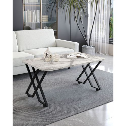 Table Basse Milano - Plateau Effet Marbre Blanc - Pieds Croises Metal Noir - Design Elegant Et Tendance