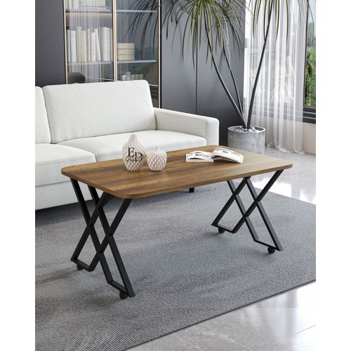 Table Basse Milano - Plateau Bois Fonce - Pieds Croises En Metal Noir - Design Contemporain Elegant